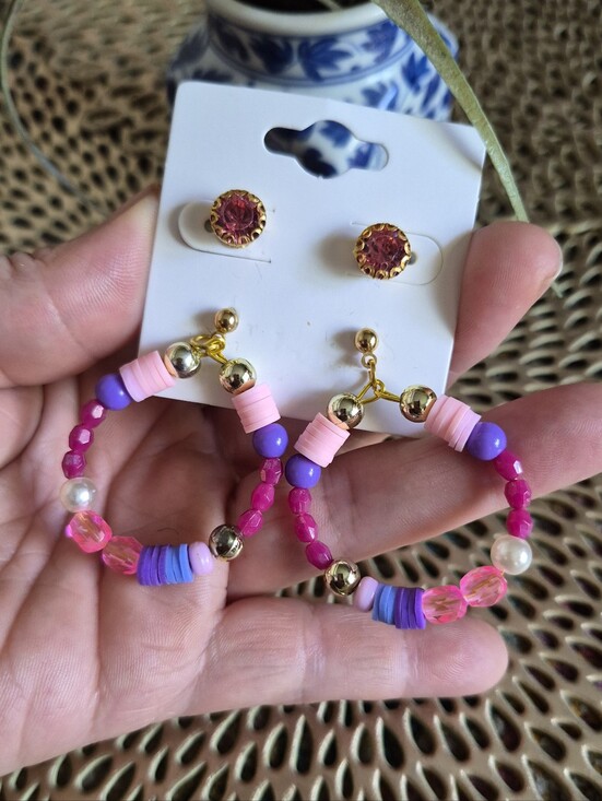 Jewelry - Pink & Purple Beaded Hoop Earrings with Gold Accents